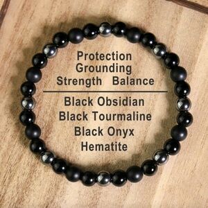Black Tourmaline Obsidian Hematite Onxy Bead Bracelet — Protection & Grounding